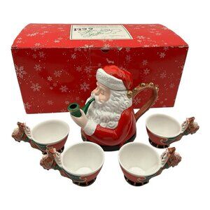 DEPT 56 Christmas Tea "Jolly St. Nick" Hand Painted Teapot And 4 Cups Open Box